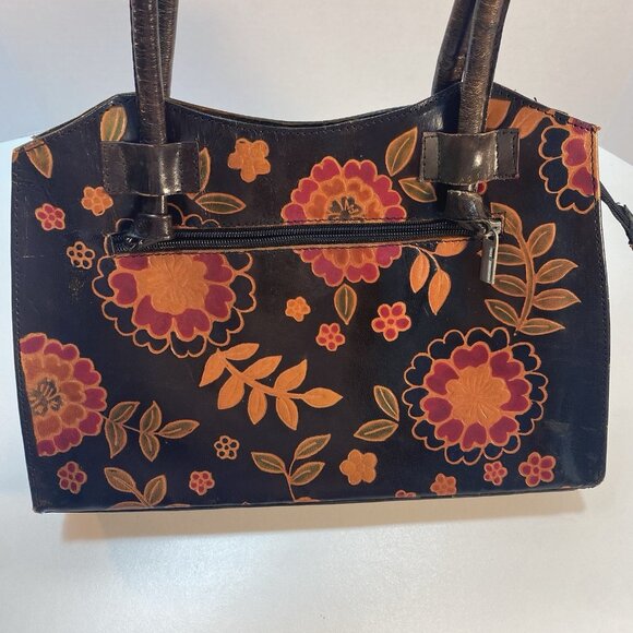 Tooled Leather Tobacco Handbag Purse Shoulder Bag Floral‎ Flowers Zipper Closure - Picture 9 of 16